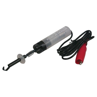 Up to 12V. Protects fingers and automatically centers wire. The little hook to grab a specific wire, and the pointed tip will actually pierce the wire to check for power. Great for confined spaces. With alligator ground clip. 
Note: See 530739 for replacement bulb.