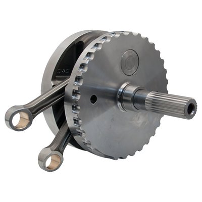 OEM compatible. Stock 96", 103", 110" stroke is 4-3/8". These S&S conrods have a (non Timken®) pressed-on sprocket shaft roller bearing race for use with the stock 24004-03B sprocket shaft bearing, a weaker solution but compatible with OEM components. Complete with tapered wrist pin ends that are compatible with stock H-D pistons. Balanced to 1035 grams total piston weight, which is compatible with OEM.
Note: Engines with strokes exceeding 4" may require S&S piston oiling jets and piston to jet clearance notches in the piston skirt to avoid contact.
Note: S&S crankpins allow the use of replaceable bearing races in the lower end of the connecting rods. The first generation of S&S crankpins, in use up to 2012, were 1.500" diameter. The second generation crankpins, in use since 2013, have the larger 1.671" OEM diameter crankpins. Now S&S & OEM crankpins are identical in diameter so now S&S parts can be used to rebuild stock H-D flywheels, something that previously was not possible since H-D rebuild parts were, and are, not available.
Note: In any and all applications the technician must be able to judge components for their suitability in combination with the other engine components, prior to installation. It is of importance that a knowledgeable mechanic will install & make adjustments as required.