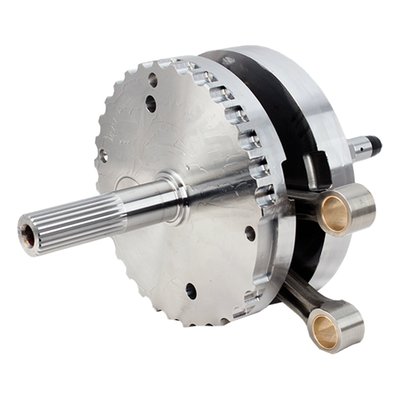 For 111" engines. S&S conrods do not have tapered wristpin ends and are not compatible with stock H-D pistons or stock H-D sprocket shaft bearings. Balanced to 1035 grams total piston weight. 

Note: Engines with strokes exceeding 4" may require S&S piston oiling jets and piston to jet clearance notches in the piston skirt to avoid contact. 
Note: S&S crankpins allow the use of replaceable bearing races in the lower end of the connecting rods. The first generation of S&S crankpins, in use up to 2012, were 1.500" diameter. The second generation crankpins, in use since 2013, have the larger 1.671" OEM diameter crankpins. Now S&S & OEM crankpins are identical in diameter so now S&S parts can be used to rebuild stock H-D flywheels, something that previously was not possible since H-D rebuild parts were, and are, not available. 
Note: Following is regarding 03-17 models. S&S has designed these flywheels to work with a Timken style sprocket shaft bearing, they will fit stock 99-02 model year and all S&S cases without modifications. Stock H-D 03-17 Twin Cam engines use the same sprocket shaft roller bearing as is used on the pinion shaft, a cost saving but weaker solution. It is possible to use the stock weak 03-17 sprocket shaft bearing kit (OEM H-D 24004-03B) with S&S flywheels in 03-17 stock cases. However, S&S feels this roller bearing will not take the side loads produced in a high performance motor. S&S will not honor any warranty claims in an application where the OEM 24004-03B/24605-07 03-17 sprocket shaft roller bearing style bearing assembly is used. To upgrade to the pre-2003 style sprocket shaft bearing MCS 978517 JIMS conversion tool kit is available. This kit includes a tool, a Timken bearing and a steel crankcase bearing insert for one motor. Bearing inserts only are available as 978519, bearings only as 508960. 
Note: In any and all applications the technician must be able to judge components for their suitability in combination with the other engine components, prior to installation. It is of importance that a knowledgeable mechanic will install & make adjustments as required.