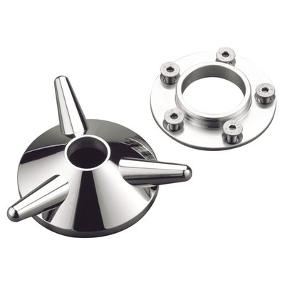 Polished aluminum. 
Fits all OEM and aftermarket spoke and aluminum wheels when no sprocket, pulley etc. is mounted. Width 36mm. Does not interfere with wheel spacers. 