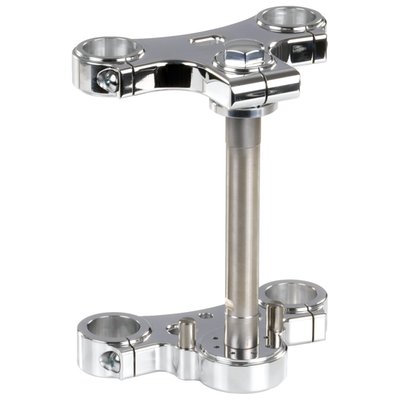 Without hole for risers.  
Kustom-Tech's billet CNC machined triple trees, for 39mm fork tubes, are super narrow. With just 146mm (5 3/4") center to center fork tubes they are 1 1/4" (31.75mm) narrower than stock Narrow Glide triple trees. 
Riser holes are 2 1/2" center to center, 1" closer together than stock. Comes complete with 1" diameter steering stem, bearings and external forks tops. 
Note 1: Make sure you will be able to mount the front wheel & brake set-up of your choice.
Note 2: Trees come with external fork stops. Internal forks tops can be ordered separately, if required
Note 3: Ribbed fork tube caps can be ordered separately and used with the 'No Hole' triple trees. They come with M34 x 1.5 thread. Handlebars can be welded to the fork tube caps and give an ultra clean look.