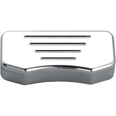 Ball milled, billet aluminum with hidden mounting bolts. 
Works with stock style risers, with 3-1/2" distance between riser mount bolts and offset top clamp bolts, and all handlebars with 1" diameter clamping area.