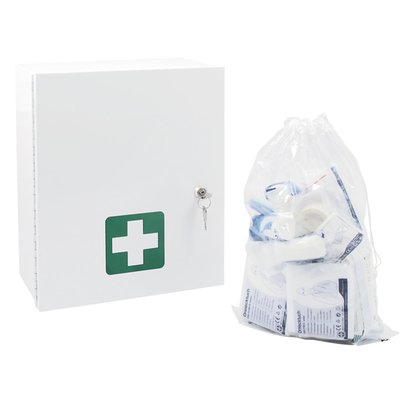 Steel First-Aid cabinet, conform DIN 13 157. Painted white with white cross on green background. Comes with safety lock and two keys. Includes complete first aid contence. Empty weight 3.6kg. Dimensions approx. 36cm x 29cm x 14.5cm.