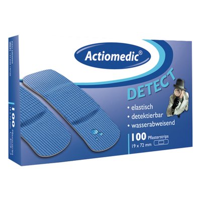 Plaster. Detect waterproof PE foil. 19mm x 72mm. Blue colored. Detectable with metal detector, for use in the food industry, due to the built-in metal strips. Hypoallergenic and air regulating for universal use. Will not cause allergic reaction like latex plasters. Sold in 100-pack, separately sealed.