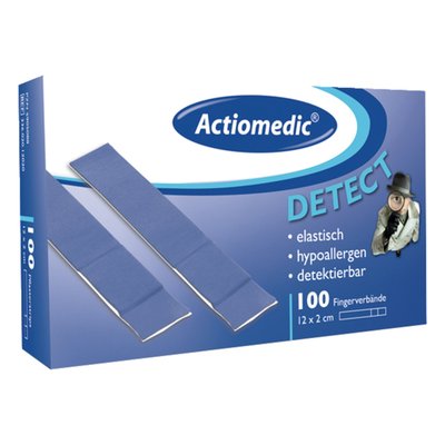 Finger plaster. Detect elastic woven textile. 12cm x 2cm. Blue colored. Detectable with metal detector, for use in the food industry, due to the built-in metal strips. Hypoallergenic and air regulating for universal use. Will not cause allergic reaction like latex plasters. Sold in pack, separately sealed.