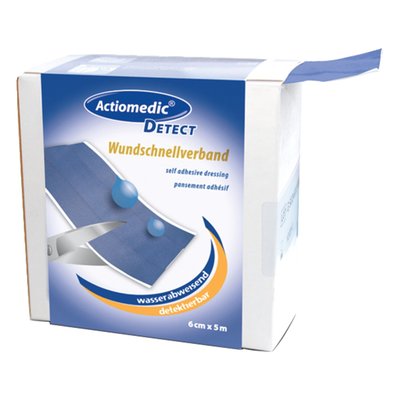 Detect plaster, blue. Used in food industry, with built-in metal strip dectectable with metal detector. Waterproof PE-Foil. 6cm wide on 5 meter roll. Hypoallergenic and air regulating for universal use. Will not cause allergic reaction like latex plasters.