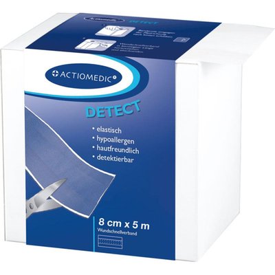 Detect plaster, blue. Used in food industry, with built-in metal strip dectectable with metal detector. Elastic woven textile. 8cm wide on 5 meter roll. Hypoallergenic and air regulating for universal use. Will not cause allergic reaction like latex plasters.