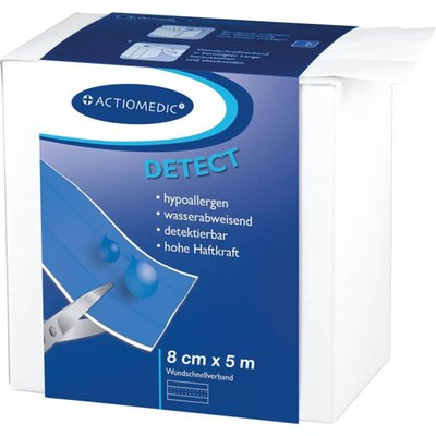 Detect plaster, blue. Used in food industry, with built-in metal strip dectectable with metal detector. Waterproof PE-Foil. 9cm wide on 5 meter roll. Hypoallergenic and air regulating for universal use. Will not cause allergic reaction like latex plasters.