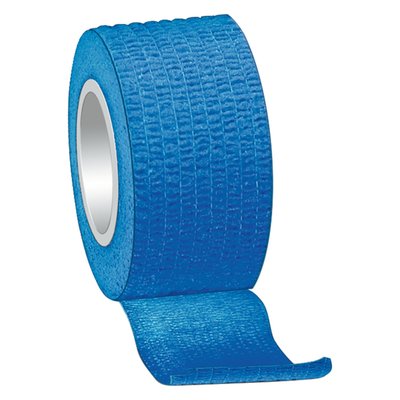 Blue quick bandage. Is loosely wrapped around finger, tear bandage and press-on loose end. Ready. Does not stick to hairs or skin. Waterproof, elastic and keeps grease, water and oil out of the wound. 3cm wide x 7 meter roll. 
Note: For open wounds use regular dressing below this quick bandage.