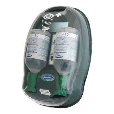 Complete eye wash station kits for wall mounting. Comes with 2x 536538 500 ml sodium chloride solution 0.9% eye wash product, mounting bracket and hardware. Ready to use, space saving and steril. Great for the professional workshop. 
Note: Final rinse with water or 536539 250ml bottle BioPhos®74, sold separately.