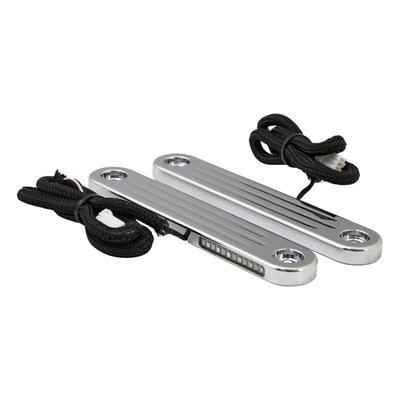 Chrome, ProBeam® version. Dual function, includes white DRL (Daylight Running Lights or daylight driving lights) and amber turn signals in a billet aluminum housing. DRLs are automatically de-activated when turn signals or hazard lights are activated. Replaces front turn signals and are mounted in their place to the front fork, giving the bike a clean look. Approximately 30 minutes installation time. 

Note: Will not fit models with spotlight bars.