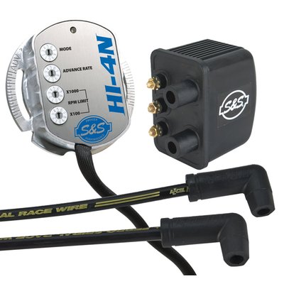 Kit includes S&S HI-4N ignition module, S&S single fire coil and black 8.5mm double silicone ferro-spiral core spark plug wires. Offers switchable multi/single spark, race/street mode, RPM limiter and a kick/electric start mode, no PC required. This HI-4N module used to be made by Crane, now by S&S. Nothing changed but the name. Same great technique, same dependable electronics. The HI-4N offers more options than the famous HI-4, with even better reliability. The HI-4N comes with switchable single/dual fire (with built-in, multi/single spark, race/street mode, RPM limiter and a kick/electric start mode). Easy initial static set-up with built-in LED timing light. The sensor housing contains fully encapsulated electronics to resist vibration, moisture and dust, and are mounted directly to the metal housing which serves as a heat-sink to prevent overheating. Easy adjustment with 4 rotary switches that offer perfect precision. 

Note: Compatible with 2-3 Ohm coils. It is recommended to use ignition modules & coils of the same manufacturer. Intermixing different brands may cause premature failure. 
Note: The ignition rotor (OEM 32402-83) and mount bolt (2611B) must be ordered separately or re-used. Rotor & bolt  kit is available as 902268 (S&S) or 920402 (import). 
Note: Module may not fit 00-03 XL models due to the slightly smaller diameter of the ignition cone used on 00-03 Sportsters. 
Note: The difference between single dual fire explained: 
- Dual fire - 
This is the way the earlier, pre-Twin Cam, engines work. A single coil is used and both spark plugs fire simultaneously. This is the simplest system. The 'wasted' spark is sometimes said to be horsepower robbing. 
- Single Fire - 
This is the way the stock 00-up Twin Cam engines work. Two separate coils will fire the spark plugs independently and only the spark plug of the cylinder that is on compression stroke will be fired. It is said that these engines vibrate less and can improve power. The effects will become more pronounced with hotter cams and higher RPM.