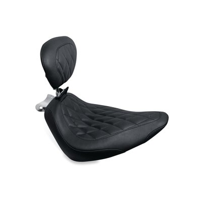 Black. 14" wide. Diamond style stitch. With adjustable rider backrest. The backrest is easily removed when not required. 
Note 1: Mustang solo seats & passenger seats cannot be mixed with OEM solo or passenger seats. 
Note 2: Solo seat will work with the regular 537472 Mustang style matching passenger seat, without requiring a backrest recess.