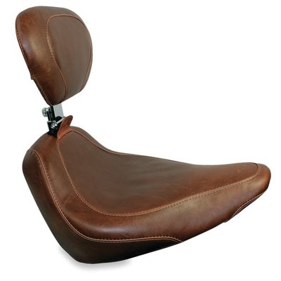 Distressed brown. 14" wide. Standard style stitch. With adjustable rider backrest. The backrest is easily removed when not required. 
Note 1: Mustang solo seats & passenger seats cannot be mixed with OEM solo or passenger seats. 
Note 2: Solo seat will work with the regular 537485 Mustang style matching passenger seat, without requiring a backrest recess.