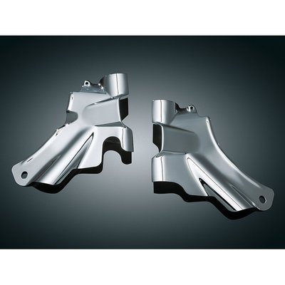 Masking the roughly finished forged frame neck on a Twin Cam Softail is now as easy as two screws and a few minutes of your time. Kuraykyn has designed a smooth and cleanly contoured set of stamped steel neck covers to work on Softail models equipped with fork tins. These beautifully chromed covers mask the wiring, giving your bike's neck a finished appearance