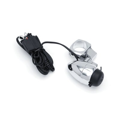 Chrome. 1-1/4" handlebar mount. Chrome. This is a power point / cigarette lighter receptacle built into a Silver Bullet Light housing. Perfect to charge your phone, navi, air pump or any other electrical device.