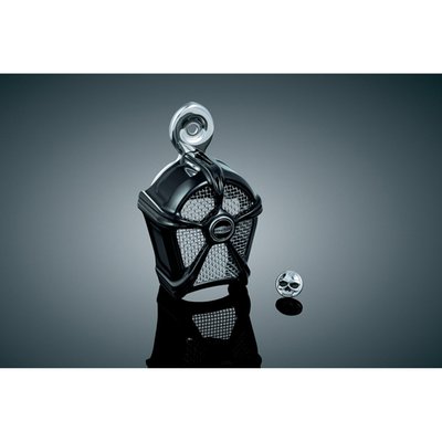 Gloss black with chrome mesh insert. Replaces the dull stock horn cover and style matches Kuryakyn Mach 2 air cleaners. 
Fits all H-D models with OEM side mounted horns. 
ABS material