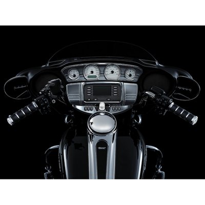 Gloss black. Peel & stick installation. This trim accent places an attractive chrome frame around the ignition & the adjacent control switches. Compatible with the earlier 14-24 style Traditional Batwing fairing only. 