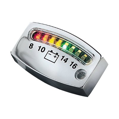 Offers real time info on the charging status of your bike. 
An arry of L.E.D.'s indicate the operating voltage of the bikes electrical system. Green L.E.D.'s between 12.5 and 14.5 V. Amber is no charge and if voltage drops below 10V or above 15V a red L.E.D. will flash to alert the rider of an inpending stall and to prevent damage to the battery or sensitive electronic components on the motorcycle. Simple 2-wire connection. Daylight sensor automatically adjusts brightness of the L.E.D.'s. Compact size of about 2" (50mm) wide x 3/4" (19mm) high x 3/16" (5mm) thick.