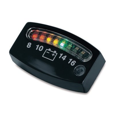 Offers real time info on the charging status of your bike. 
An arry of L.E.D.'s indicate the operating voltage of the bikes electrical system. Green L.E.D.'s between 12.5 and 14.5 V. Amber is no charge and if voltage drops below 10V or above 15V a red L.E.D. will flash to alert the rider of an inpending stall and to prevent damage to the battery or sensitive electronic components on the motorcycle. Simple 2-wire connection. Daylight sensor automatically adjusts brightness of the L.E.D.'s. Compact size of about 2" (50mm) wide x 3/4" (19mm) high x 3/16" (5mm) thick.
