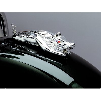 Chrome plated hog with red lighted eyes. Attaches with two studs to almost any fender.