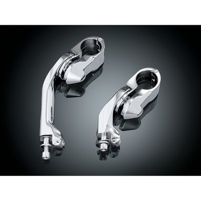 Chrome plated finish. 
Long arm, for shorter riders. 
Complete with Dually foot pegs. 
Cruise mount is adjustable to obtain best riding position. 
Used with 1-1/4" diameter engine guards. 
Works perfectly with lowers. 