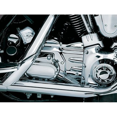 Chrome. Covers the oil lines and the rough cast area around the transmission. Easy installation.