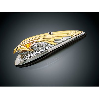 Chrome/gold combination finish, with amber lighted eyes. Attaches with two studs to almost any fender.