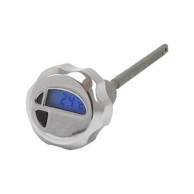 Chrome face. Built-in blue backlight for viewing.
Switchable Celsius (C°) or Fahrenheit (F°). Complete
with overheat warning light.

Chrome: Hex head