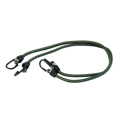 Green cord with black hooks. Used to strap luggage to your bike and similar applications. Each cords is elastic and comes with a metal hook on each side. Overall length 76cm (not stretched), diameter 6mm.