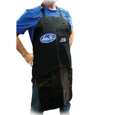 Black with blue/white Motion Pro logo. 100% cotton apron with adjustable neck strap and chest pocket. With vinyl bottom protector featuring deep pockets.