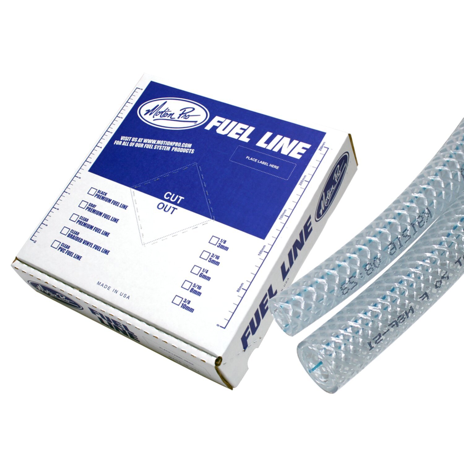 Motion Pro, fuel line braided vinyl. Clear. 3/16", White