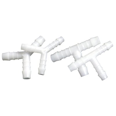Multi purpose fuel & oil line T fitting.
For use with 1/4" (6.35mm) ID fuel or oil hose.
White fuel resistant plastic (acetal / POM) material.
A thermoplastic used for its stiffness, strength and excellent dimensional stability.
May be used with O-Clips or hose clamps.
Note: Not designed for use with fuel injected engines.