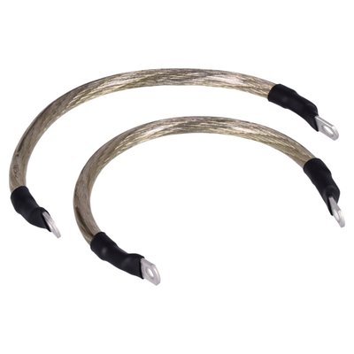 '- With a translucent (see-through) clear protective cover
- 4 gauge (5.19mm diameter) wire with more than 1550 strands of individual wires making it very flexible
- Lugs are silver tinned and come with 1/4" (6.4mm) and 5/16" (7.9mm) holes