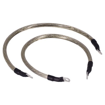 '- With a translucent (see-through) clear protective cover
- 4 gauge (5.19mm diameter) wire with more than 1550 strands of individual wires making it very flexible
- Lugs are silver tinned and come with 1/4" (6.4mm) and 5/16" (7.9mm) holes