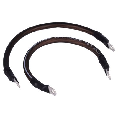 '- With a black protective cover
- 4 gauge (5.19mm diameter) wire with more than 1550 strands of individual wires making it very flexible
- Lugs are silver tinned and come with 1/4" (6.35mm) and 5/16" (7.9mm) holes