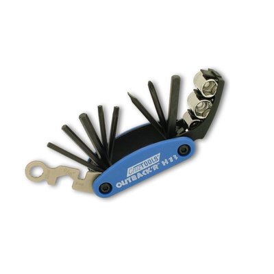 US sizes. Includes 3 hex keys (5/32", 3/16", 1/4"), 2 torx keys (T25, T27), slotted and Phillips screwdrivers, a socket driver with 3/8", 7/16", and 1/2" sockets, 10mm box and 9/16" open-end wrenches, plus a spoke wrench. Except for the sockets all pieces are permanently attached. 3.5" (8.9cm) long, weight 9 ounce (255 gram)