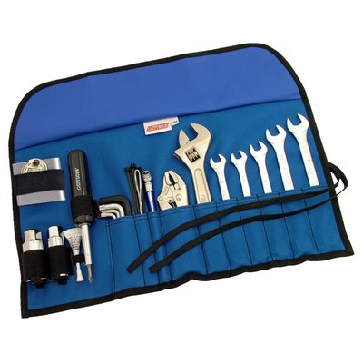 USA sizes. This is an affordable but complete tool kit. Amongst others it includes an AA flashlight, 5 combination USA sized wrenches, an 8" adjustable wrench, locking pliers, hex & torx keys, a spark plug gapper, a 6-1 screwdriver and more.