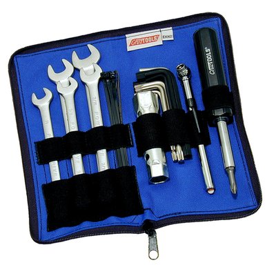 USA sizes. An affordable basic roadside tool kit. Includes 5 combination USA sized wrenches, a spark plug socket, tire pressure gauge, hex & torx keys and a tough 6-1 screwdriver.