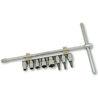 3/8" drive. Chrome plated. Incl. 8/10/12/14/17mm sockets, 5/6mm hex bits and a #2 Phillips bit. A clip holds the sockets & bits in place. Comes in a rugged vinyl pouch. Dimensions approx. 15" (38cm) long x 8.5" (21.6cm) wide.