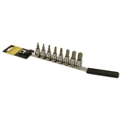 Metric sizes. 8-piece. Fits wrenches with 3/8" drive. Incl. 2.5, 3, 4, 5, 6, 8, 10 and 12mm.
