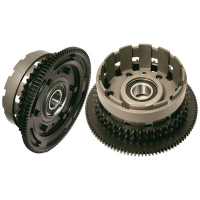 Two-piece 6061 hard anodized billet aluminum with steel starter ring gear & steel primary chain drive sprockets. Comes with a 49T primary chain drive sprocket. The 46T is stock, the 49T will increase cruising RPM for a more 'lively' engine that operates in a higher RPM range, in all gears, for more power at any speed.
- Complete with the required special longer length of 88 link primary chain (stock is 86 links)
- 49 tooth primary chain drive sprocket for more RPM
- Two-piece forged 7075 hard anodized aluminum
- Hard anodized finish for durability and strength
- Much stronger version of the stock basket
- Compatible OEM (style) clutch components
- Ready for street or track
- Complete with clutch hub bearing and starter ring gear.
For replacement parts see:
- 552009 clutch basket bearing
- 552008 88T primary chain