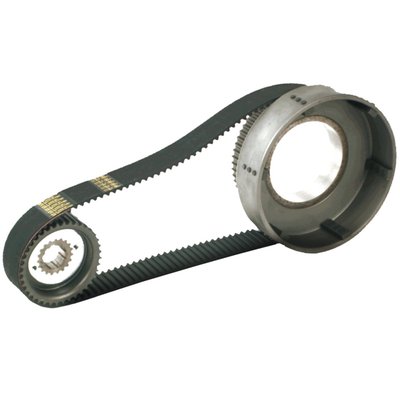 8mm pitch. Without idler. Kickstart only. Comes as pulley & belt kit only. Stock clutch can be re-used. 61-41 drive ratio. 

Note: See 970974 for the replacement 1-1/2" wide 8mm 132t. + belt. 
Note: The difference in belts between 65-78 and 78-83 FL, FX models is due to a minor difference in primary housing length. Available belts are therefore designated as a - (minus, slightly shorter / MCS 506915) or + (plus, slightly longer / MCS 970974) belt, although the number of teeth is identical.