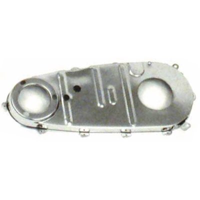 Custom application. 
OEM styling inner tin primary housing used to replace the OEM aluminum inner primary. 
This cover is about 3/16" deeper than OEM style 55-64 inner tin primary (MCS 555801) where cover mounts to the crankcase. 
Kickstart only. 
Note: Will require a tin / steel outer primary cover (955817 smooth chrome, 555816 OEM style chrome; 555834 OEM style black) that works with the OEM compensating sprocket. 
Note: Some spacing may be required between crankcase and cover