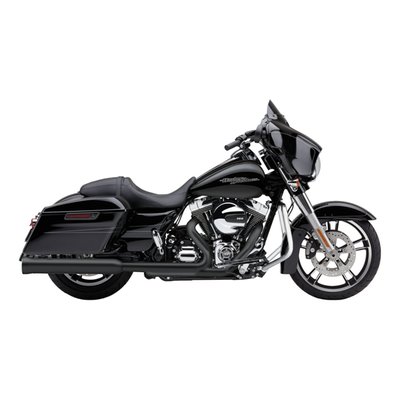 Black. Comes with a 4" diameter body that bells out to 4.5". These are perforated core slip-on mufflers that are, some say, too loud and nickname them 'Neighbor Haters'. But for the Loud Crowd these are the slip-ons that will truly bring life to the bike! The sound is loud & low and fully different from the shrill sound of drag pipes due to the 2" constant velocity baffle design with stainless mesh and high/density bonded fiberglass wrap. 
Note: Very loud.