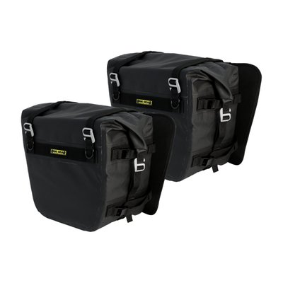 100% waterproof & durable 24oz tarpaulin PVC UV coated saddlebags, all seams are electronically heat welded. Mounting hardware is aircraft grade aluminum, no breakable plastic buckles. lncludes 2 lightweight saddlebag liners with carrying handles for easy content removal in one go. Removable stiffener holds bags shape when empty, firm internal back plate helps  to support the bag. Replaceable pad for contact with rack. The compression straps can also be used to mount the Nelson-Rigg dry roll bags, each bag securely mounts using 4 quick release cam buckles and double pull webbing. 
Measures: 15" long x 8" wide x 14" high, holds 27.50 Liters per side. 