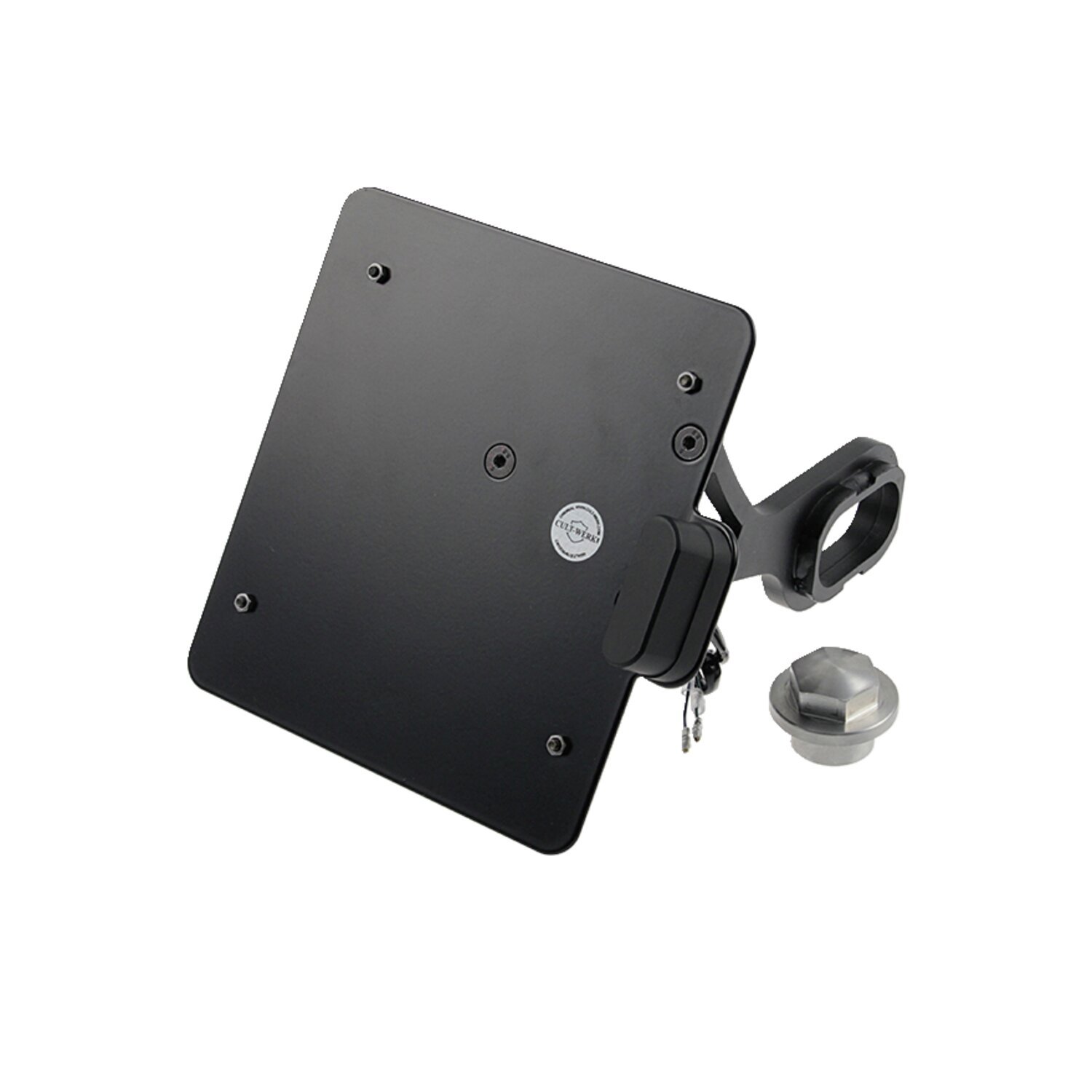Cult-Werk, side mount license plate bracket, black. Germany, Gloss