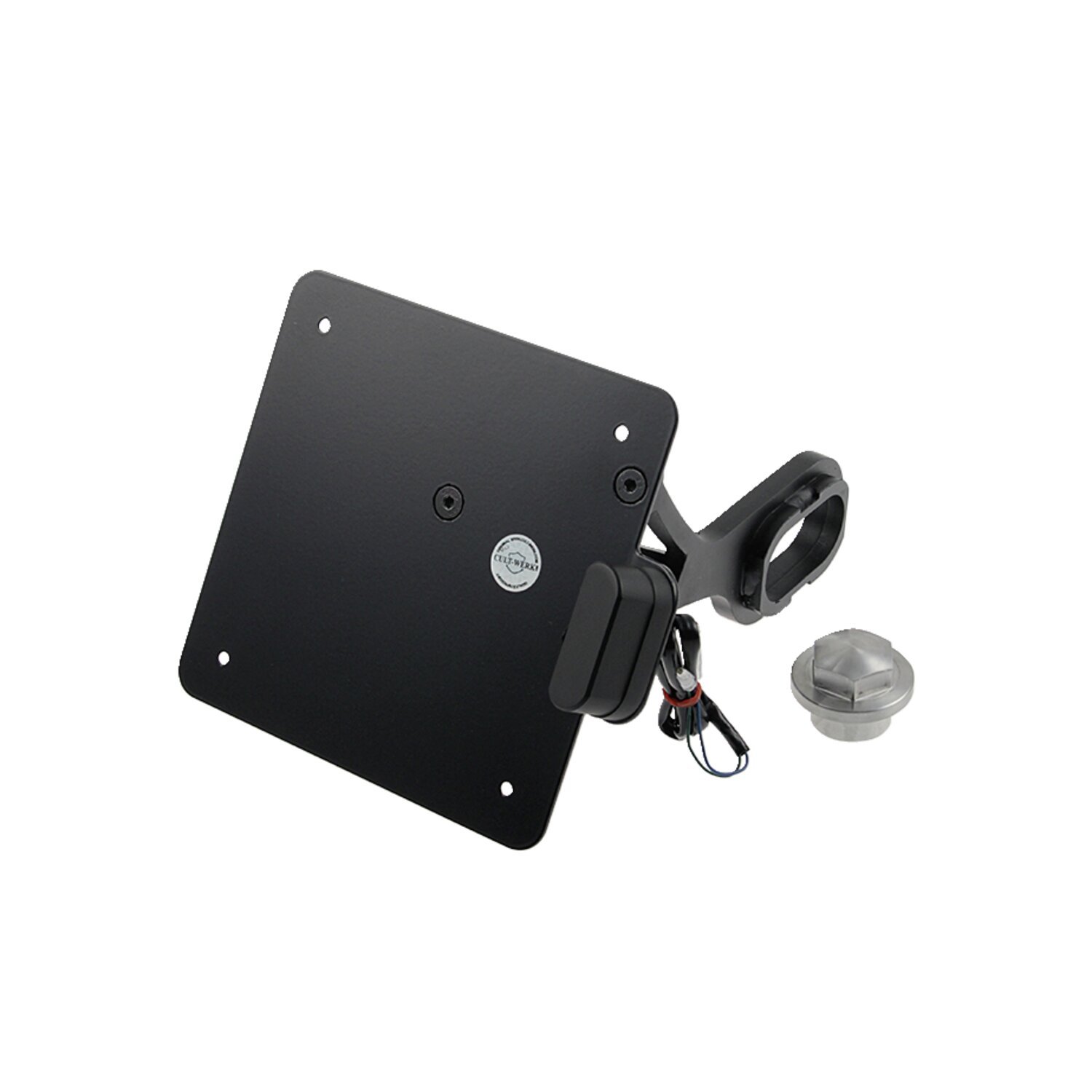 Cult-Werk, side mount license plate bracket, black. Italy, Gloss