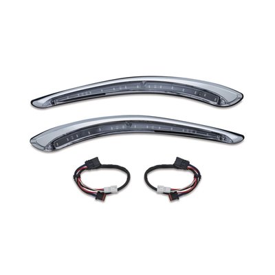 Fits FLHT, FLHX models and Trikes with the traditional Batwing fairing. Also fits bikes with the Kuryakyn AirMaster fairings.
Run/turn function. 
No tools required. Simply peel, stick and ready. The sequential Bat Lashes come with white running lights and amber turn signals that light up individually for consistent directional illumination. 
Note: Requires drilling to run wiring