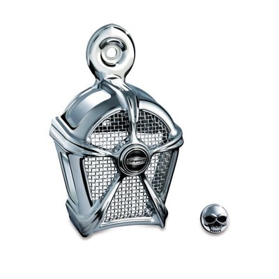 Chrome with chrome mesh insert. Replaces the dull stock horn cover and style matches Kuryakyn Mach 2 air cleaners. 
Fits all H-D models with OEM side mounted horns. 
ABS material